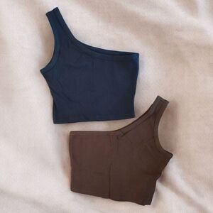 (2) Solid Rib-knit One Shoulder Crop Tops SMALL (4)